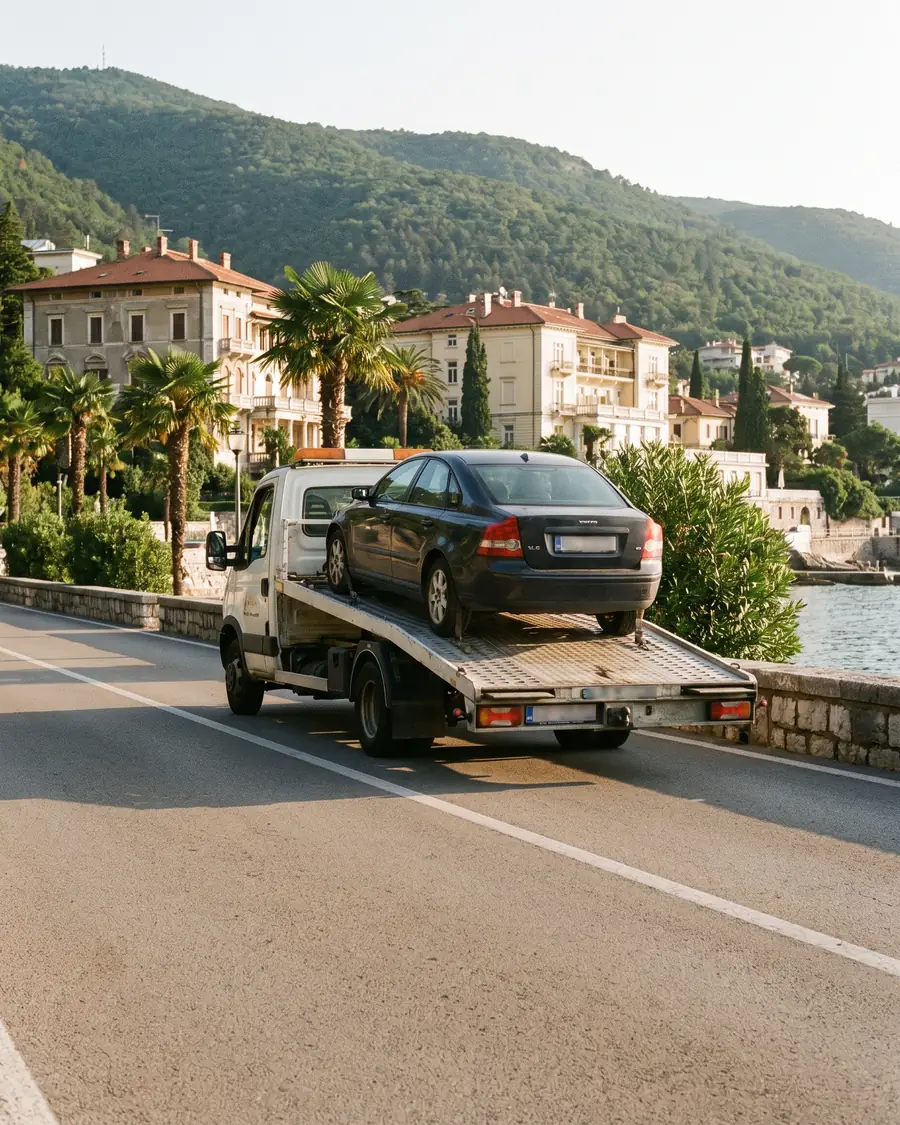 Vučno vozilo s automobilom na obalnoj cesti u Opatiji
