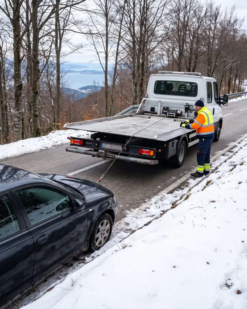 Izvlačenje automobila vitlom na zasniježenoj cesti na Učki iznad Rijeke