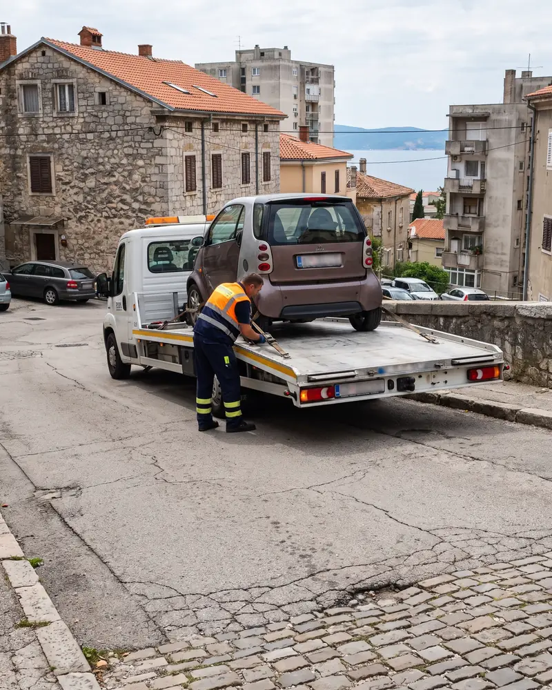 Djelatnik vučne službe osigurava gradski automobil na platformi u riječkoj ulici